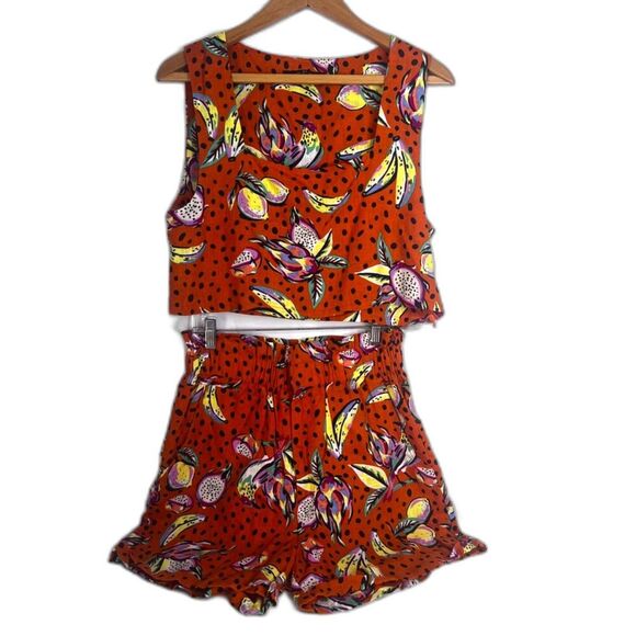 OPT Two Piece Linen Blend Set Top & Shorts Hawaiian Floral Polka Dot Print S/M* - Picture 1 of 15